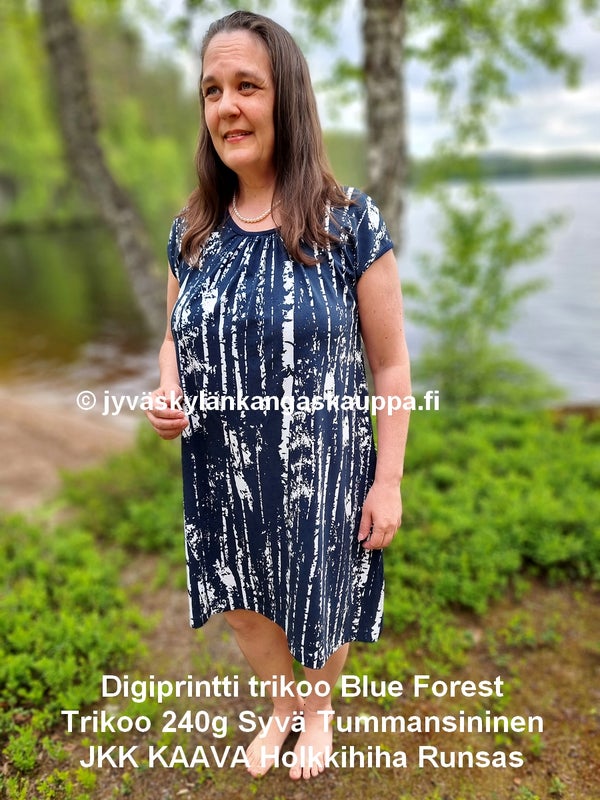 Digiprintti trikoo Blue Forest ja Trikoo 240g Syv&auml; Tummansininen sek&auml; JKK KAAVA Holkkihiha Runsas