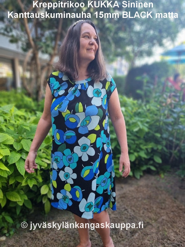 Kreppitrikoo KUKKA Sininen sek&auml; Kanttauskuminauha 15mm BLACK matta