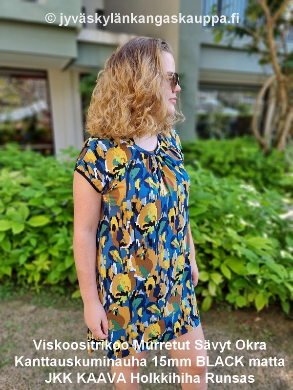 Viskoositrikoo Murretut S&auml;vyt Okra ja Kanttauskuminauha 15mm BLACK matta sek&auml; JKK KAAVA Holkkihiha Runsas
