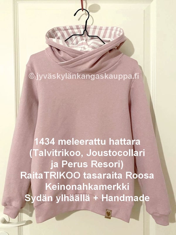 1434 meleerattu hattara (Talvitrikoo, Joustocollari ja Perus Resori); RaitaTRIKOO tasaraita Roosa; Keinonahkamerkki Syd&auml;n ylh&auml;&auml;ll&auml; + Handmade