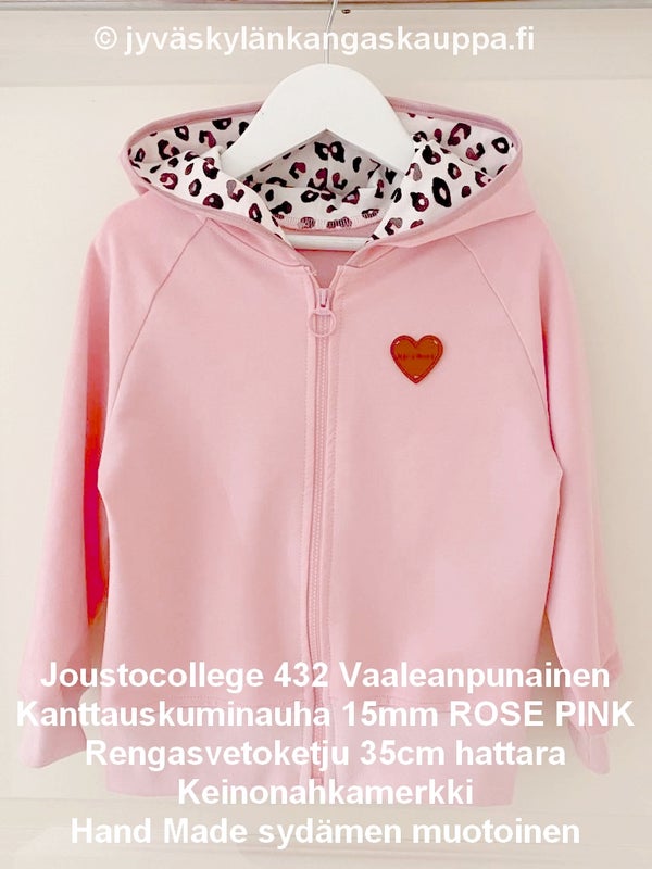 Joustocollege 432 Vaaleanpunainen; Kanttauskuminauha 15mm ROSE PINK; Rengasvetoketju 35cm hattara; Keinonahkamerkki Hand Made syd&auml;men muotoinen