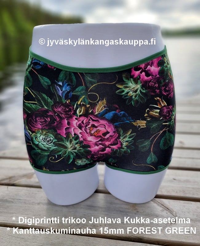* Digiprintti trikoo Juhlava Kukka-asetelma * Kanttauskuminauha 15mm FOREST GREEN