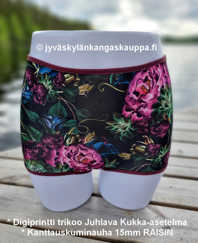 * Digiprintti trikoo Juhlava Kukka-asetelma * Kanttauskuminauha 15mm RAISIN