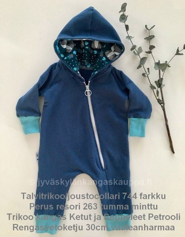 Talvitrikoo/joustocollari 744 farkku; Perus resori 263 tumma minttu; Trikoo kangas Ketut ja Seppeleet Petrooli; Rengasvetoketju 30cm vaaleanharmaa