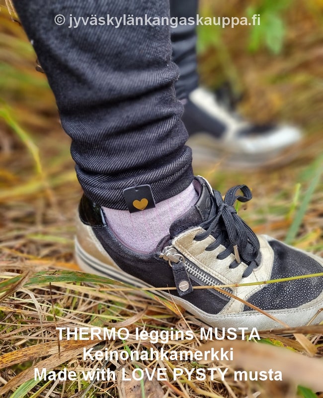 THERMO leggins MUSTA ja Keinonahkamerkki Made with LOVE PYSTY musta