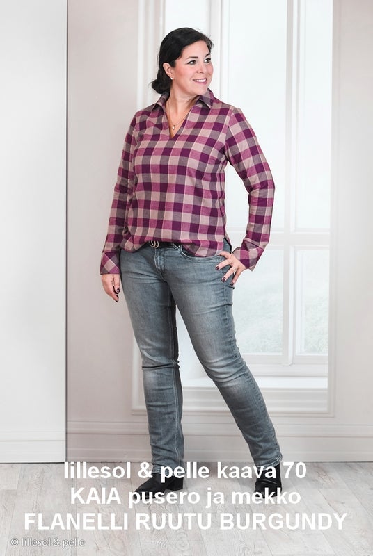 Kevyt Flanelli Ruutu Burgundy sek&auml; lillesol & pelle kaava 70 KAIA pusero ja mekko