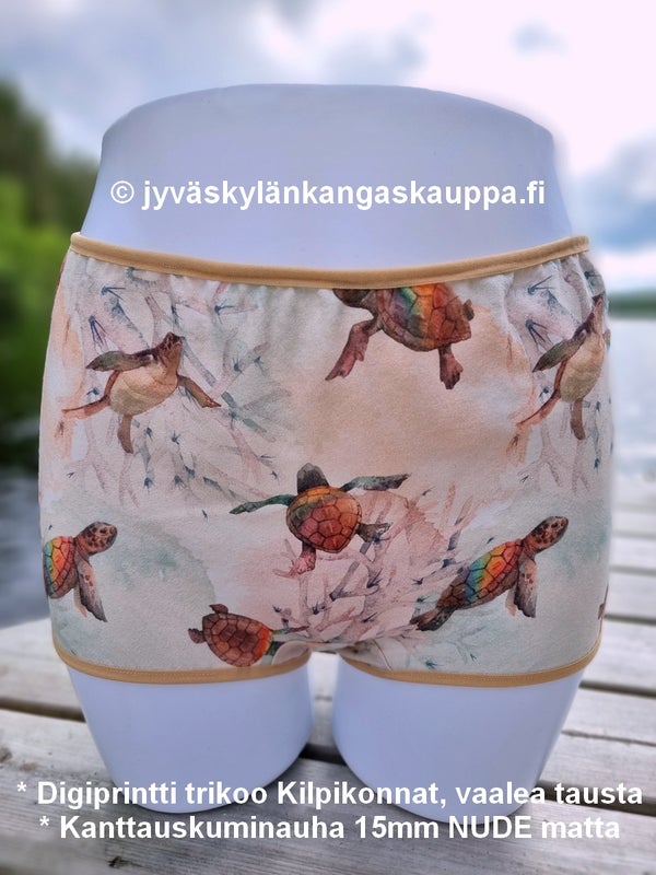 * Digiprintti trikoo Kilpikonnat, vaalea tausta * Kanttauskuminauha 15mm NUDE matta