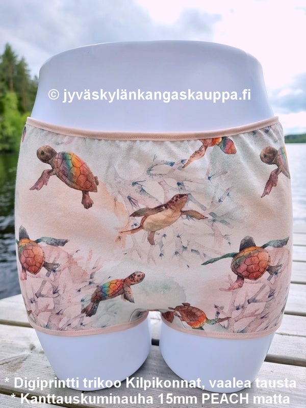 * Digiprintti trikoo Kilpikonnat, vaalea tausta * Kanttauskuminauha 15mm PEACH matta