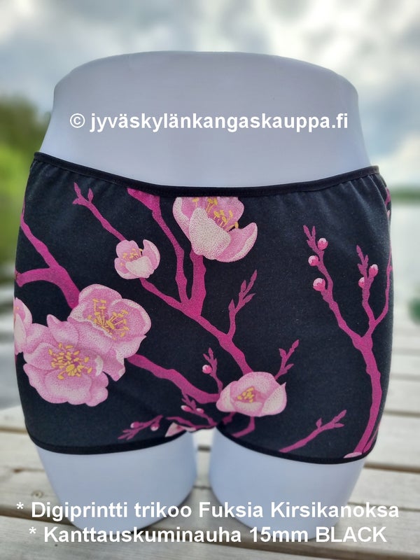 * Digiprintti trikoo Fuksia Kirsikanoksa * Kanttauskuminauha 15mm BLACK