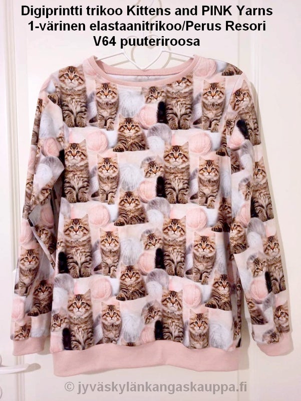 Digiprintti trikoo Kittens and PINK Yarns sek&auml; 1-v&auml;rinen elastaanitrikoo/Perus Resori V64 puuteriroosa