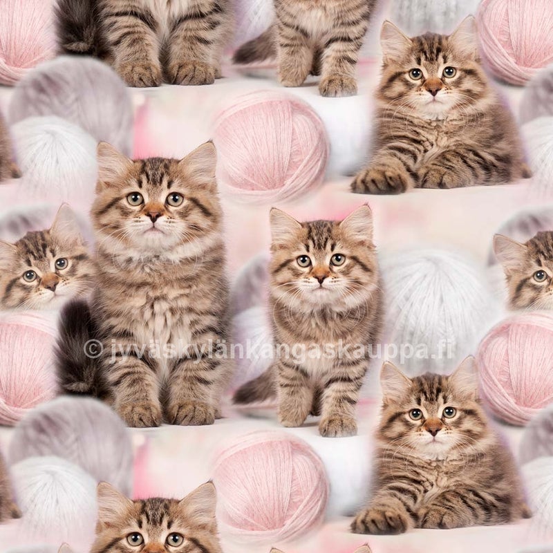 Digiprintti trikoo Kittens and Pink Yarns