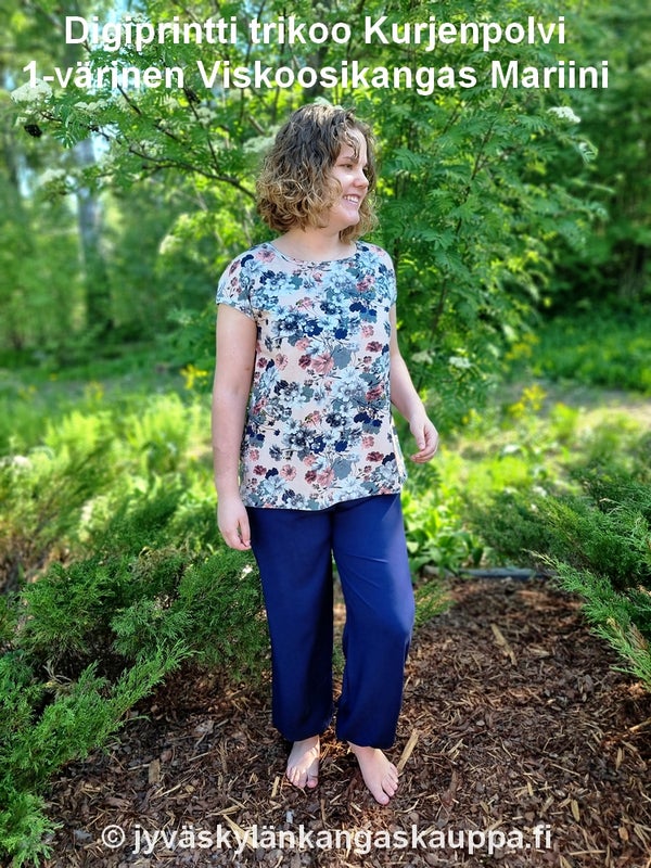 Digiprintti trikoo Kurjenpolvi sek&auml; 1-v&auml;rinen Viskoosikangas Mariini