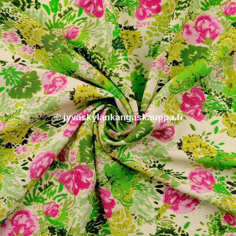 Viskoosi-pellava Kukkaniitty Vihre&auml;