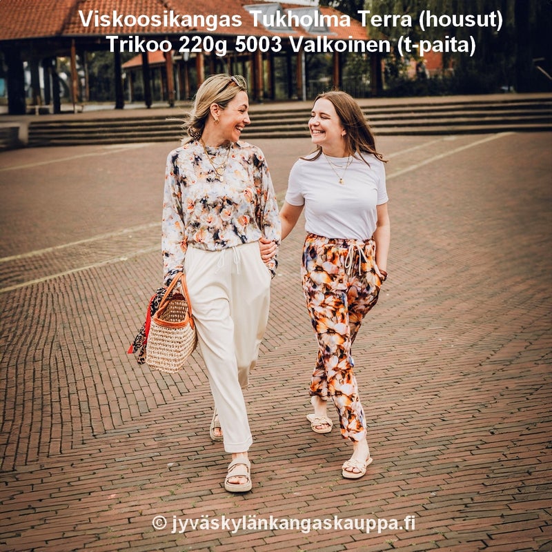 Viskoosikangas Tukholma Terra (housut) sek&auml; Trikoo 220g 5003 Valkoinen (t-paita)