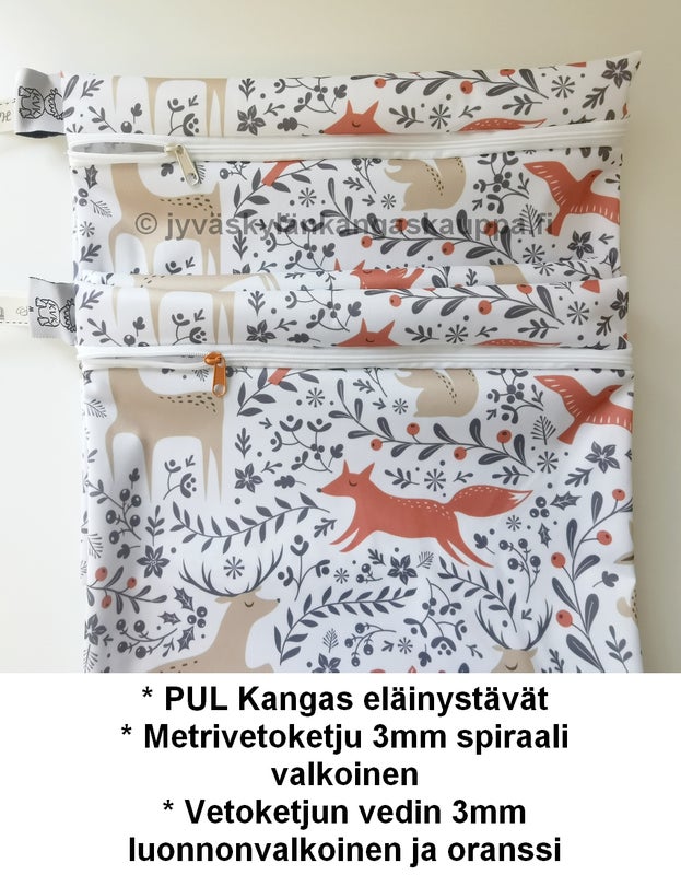 * PUL Kangas el&auml;inyst&auml;v&auml;t * Metrivetoketju 3mm spiraali valkoinen * Vetoketjun vedin 3mm luonnonvalkoinen ja oranssi