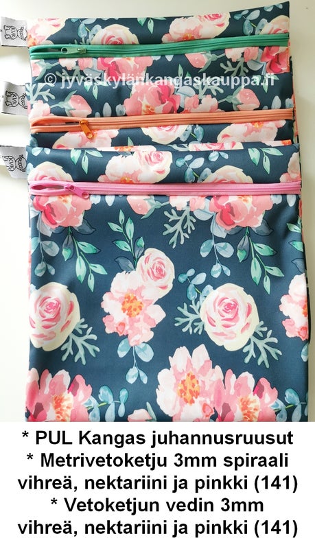 * PUL Kangas juhannusruusut * Metrivetoketju 3mm spiraali vihre&auml;, nektariini ja pinkki (141) * Vetoketjun vedin 3mm vihre&auml;, nektariini ja pinkki (141)
