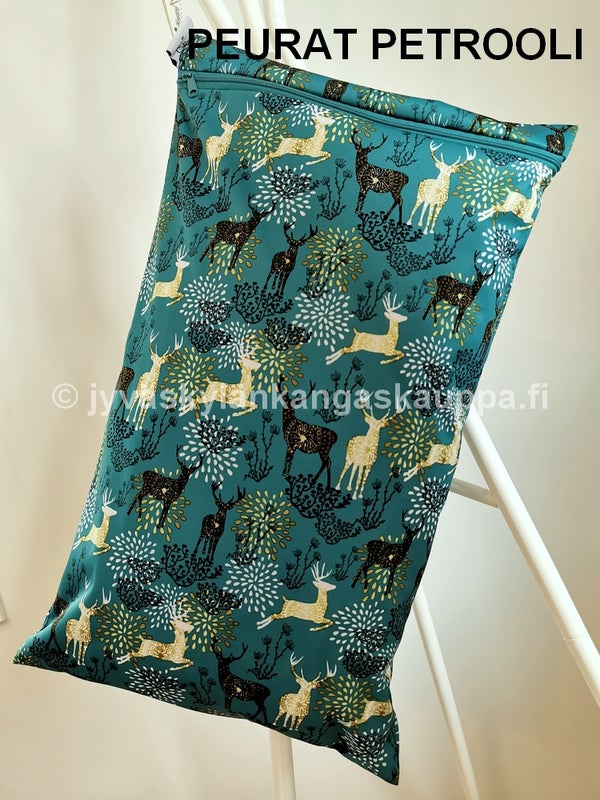 KVK vaippapussi PEURAT PETROOLI * PUL Kangas peurat petrooli * Metrivetoketju 3mm spiraali  petrooli ja vaaleankeltainen * Vetoketjun vedin 3mm petrooli ja vaaleankeltainen