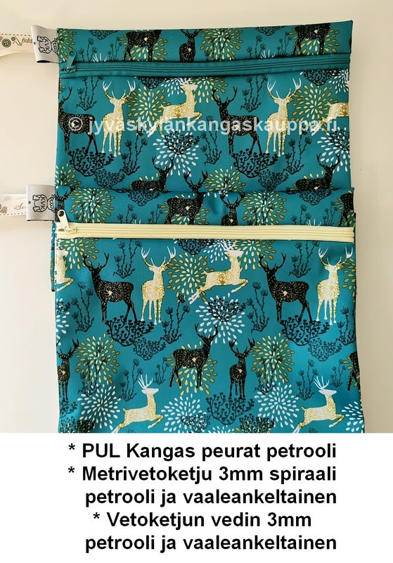 * PUL Kangas peurat petrooli * Metrivetoketju 3mm spiraali petrooli ja vaaleankeltainen * Vetoketjun vedin 3mm petrooli ja vaaleankeltainen