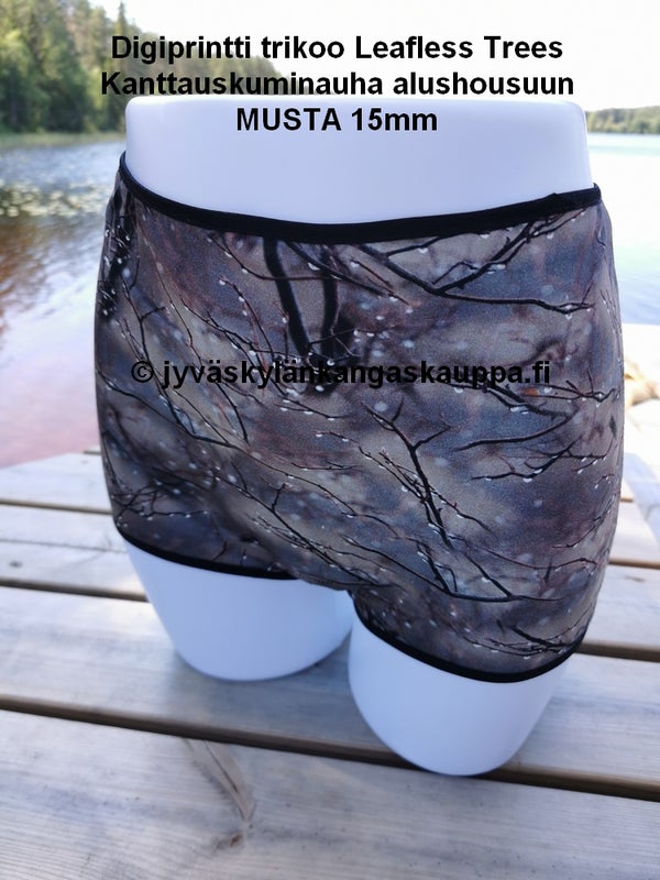 Digiprintti trikoo Leafless Trees ja Kanttauskuminauha alushousuun MUSTA 15mm