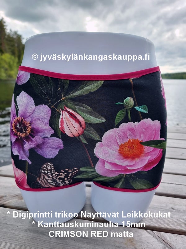 * Digiprintti trikoo N&auml;ytt&auml;v&auml;t Leikkokukat * Kanttauskuminauha 15mm CRIMSON RED matta