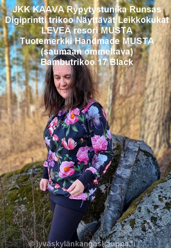 JKK KAAVA Rypytystunika Runsas; Digiprintti trikoo N&auml;ytt&auml;v&auml;t Leikkokukat; LEVE&Auml; resori MUSTA; Tuotemerkki Handmade MUSTA (saumaan ommeltava); Bambutrikoo 17 Black