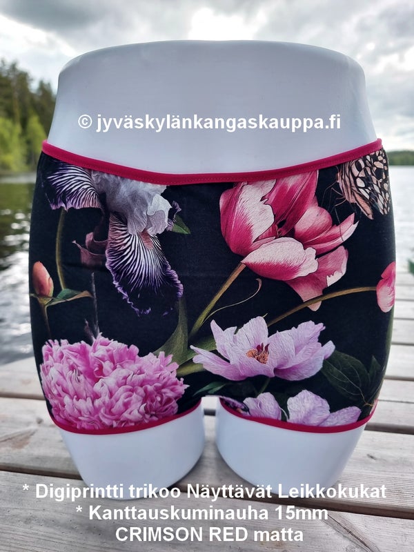 * Digiprintti trikoo N&auml;ytt&auml;v&auml;t Leikkokukat * Kanttauskuminauha 15mm CRIMSON RED matta