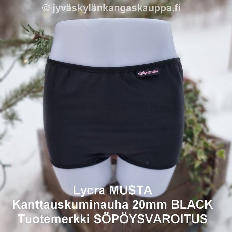Lycra MUSTA ja Kanttauskuminauha 20mm BLACK sek&auml; Tuotemerkki S&Ouml;P&Ouml;YSVAROITUS