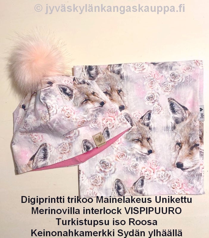 Digiprintti trikoo Mainelakeus Unikettu; Merinovilla interlock mulesing vapaa VISPIPUURO; Turkistupsu iso Roosa; Keinonahkamerkki Syd&auml;n ylh&auml;&auml;ll&auml; + handmade