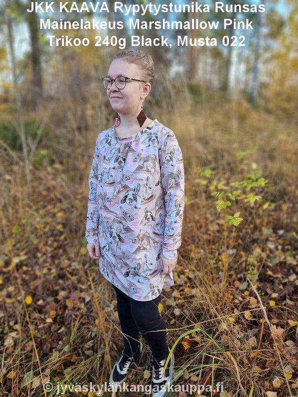 JKK KAAVA Rypytystunika Runsas, Digiprintti trikoo Mainelakeus Marshmallow Pink sek&auml; Trikoo 240g Black, Musta 022