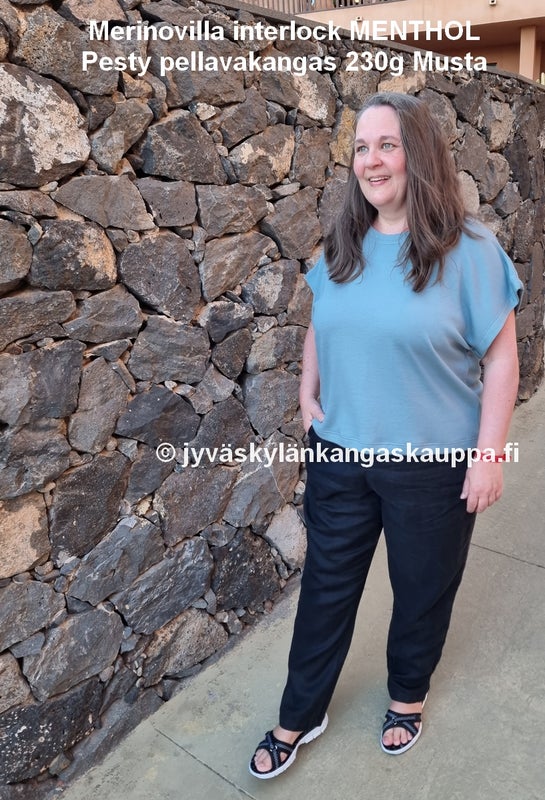 Merinovilla interlock MENTHOL sek&auml; Pesty pellavakangas 230g Musta