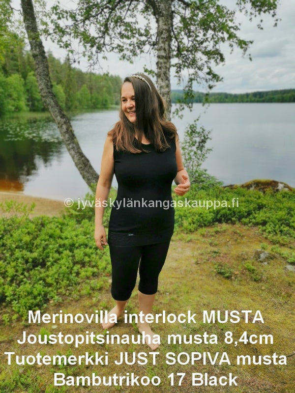 Merinovilla interlock MUSTA; Joustopitsinauha musta 8,4cm: Tuotemerkki JUST SOPIVA musta; Bambutrikoo 17 Black