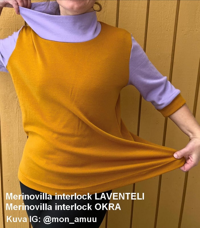 Merinovilla interlock mulesing vapaa OKRA sek&auml; Merinovilla interlock mulesing vapaa LAVENTELI