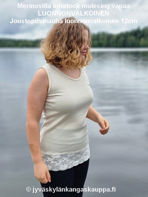 Merinovilla interlock mulesing vapaa LUONNONVALKOINEN sek&auml; Joustopitsinauha luonnonvalkoinen 12cm