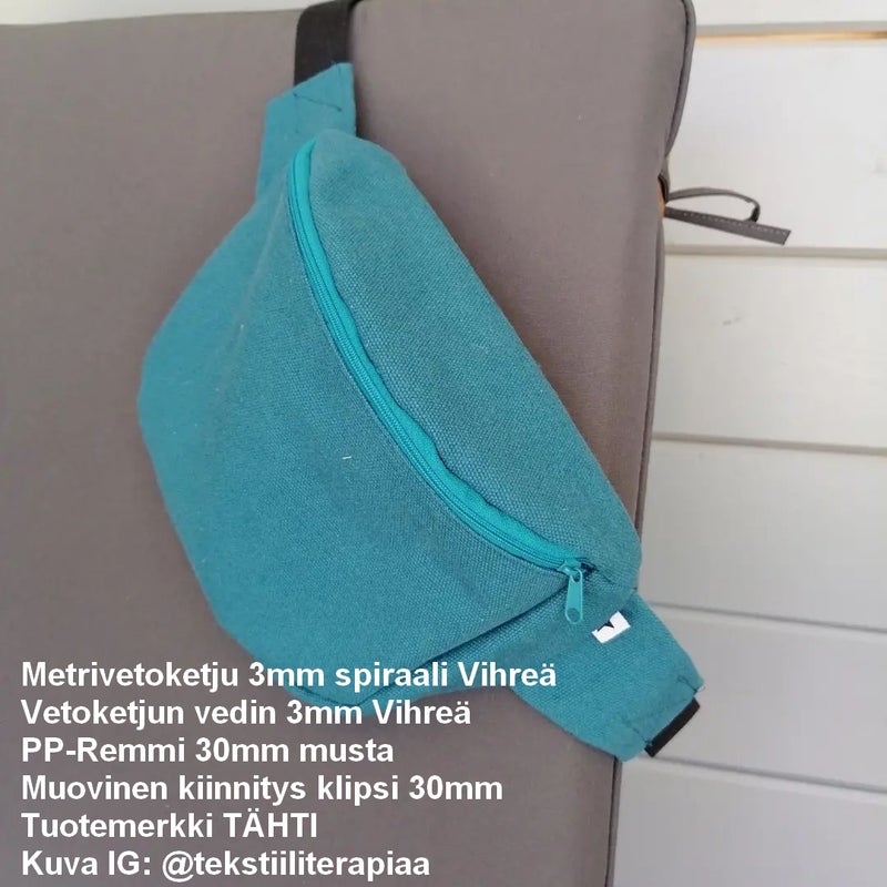 Metrivetoketju 3mm spiraali Vihre&auml; ja Vetoketjun vedin 3mm Vihre&auml;; PP-Remmi 30mm musta sek&auml; Muovinen kiinnitys klipsi 30mm; Tuotemerkki T&Auml;HTI