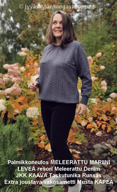 Palmikkoneulos MELEERATTU MARIINI LEVE&Auml; resori Meleerattu Denim JKK KAAVA Taskutunika Runsas Extra joustava vakosametti Musta KAPEA