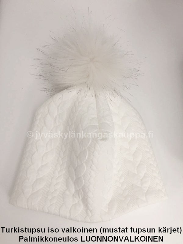 Turkistupsu iso valkoinen (mustat tupsun k&auml;rjet) sek&auml; Palmikkoneulos LUONNONVALKOINEN
