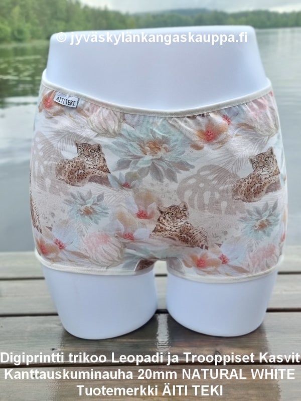 Digiprintti trikoo Leopadi ja Trooppiset Kasvit ja Kanttauskuminauha 20mm NATURAL WHITE sek&auml; Tuotemerkki &Auml;ITI TEKI