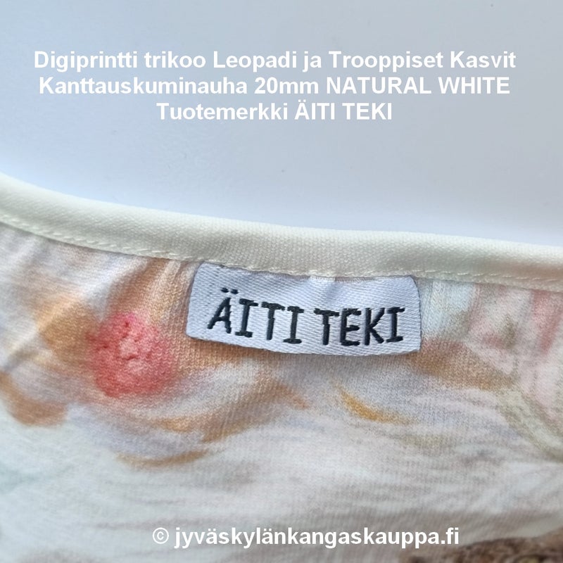 Digiprintti trikoo Leopadi ja Trooppiset Kasvit ja Kanttauskuminauha 20mm NATURAL WHITE sek&auml; Tuotemerkki &Auml;ITI TEKI