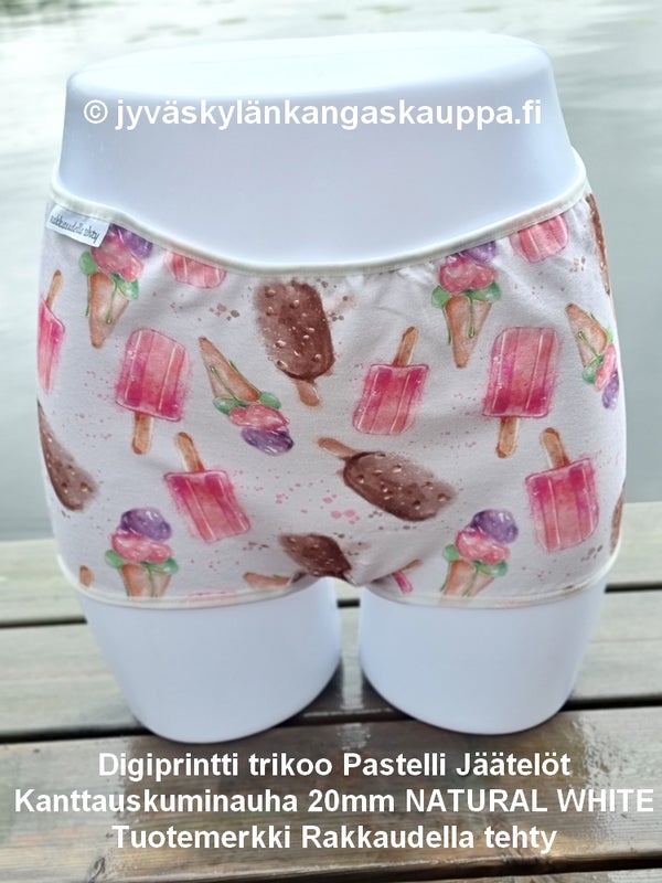Digiprintti trikoo Pastelli J&auml;&auml;tel&ouml;t ja Kanttauskuminauha 20mm NATURAL WHITE sek&auml; Tuotemerkki Rakkaudella tehty