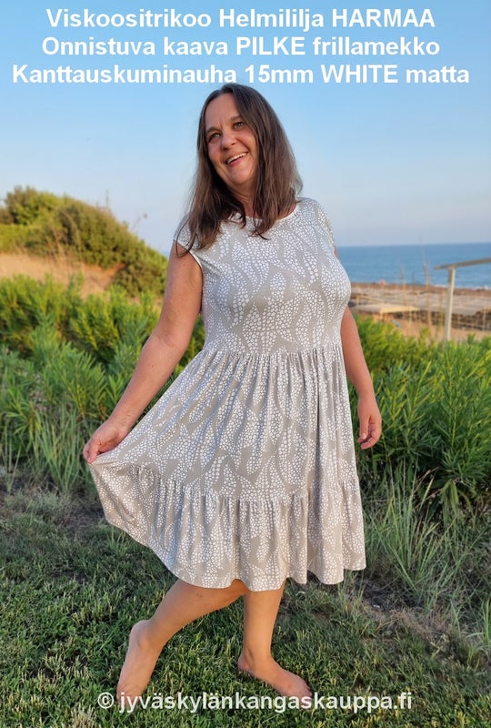 Viskoositrikoo Helmililja HARMAA ja Onnistuva kaava PILKE frillamekko sek&auml; Kanttauskuminauha 15mm WHITE matta