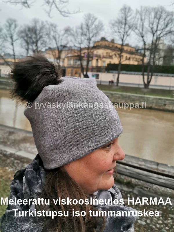 Meleerattu viskoosineulos HARMAA sek&auml; Turkistupsu iso tummanruskea