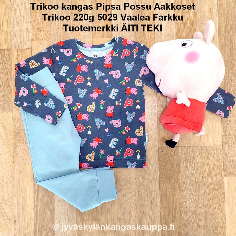 Trikoo kangas Pipsa Possu Aakkoset ja Trikoo 220g 5029 Vaalea Farkku sek&auml; Tuotemerkki &Auml;ITI TEKI