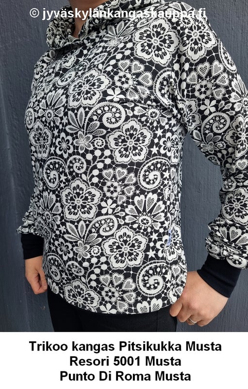 Trikoo kangas Pitsikukka Musta ja Resori 5001 Musta sek&auml; Punto Di Roma Musta