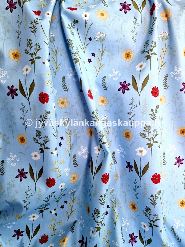 Puuvilla-Popliini Luonnonkukat Vaaleansininen