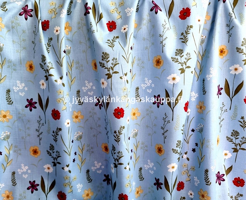 Puuvilla-Popliini Luonnonkukat Vaaleansininen