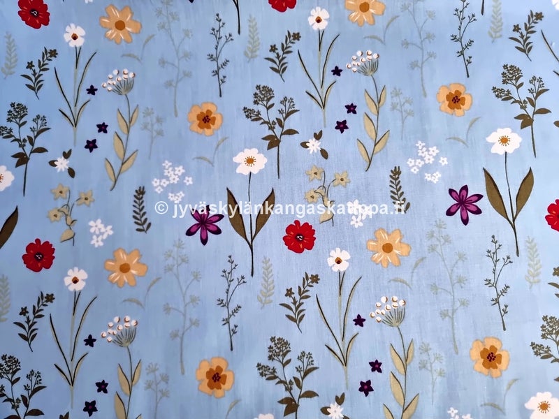 Puuvilla-Popliini Luonnonkukat Vaaleansininen