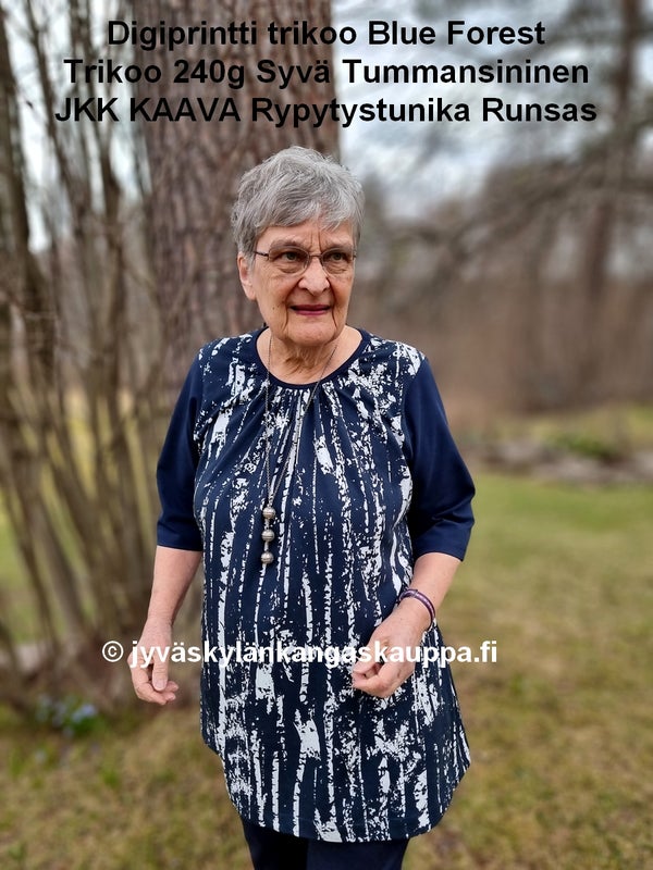 Digiprintti trikoo Blue Forest ja Trikoo 240g Syv&auml; Tummansininen sek&auml; JKK KAAVA Rypytystunika Runsas