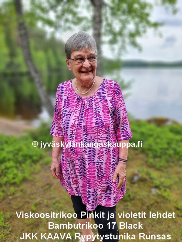 Viskoositrikoo Pinkit ja violetit lehdet ja Bambutrikoo 17 Black sek&auml; JKK KAAVA Rypytystunika Runsas