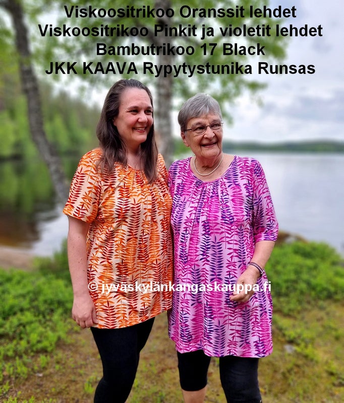 Viskoositrikoo Oranssit lehdet, Viskoositrikoo Pinkit ja violetit lehdet ja Bambutrikoo 17 Black sek&auml; JKK KAAVA Rypytystunika Runsas