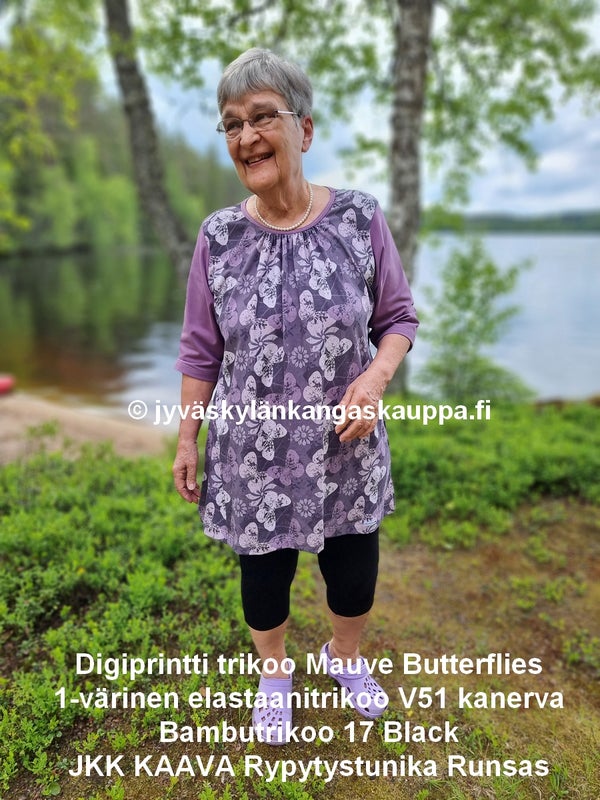 Digiprintti trikoo Mauve Butterflies, 1-v&auml;rinen elastaanitrikoo V51 kanerva ja Bambutrikoo 17 Black sek&auml; JKK KAAVA Rypytystunika Runsas